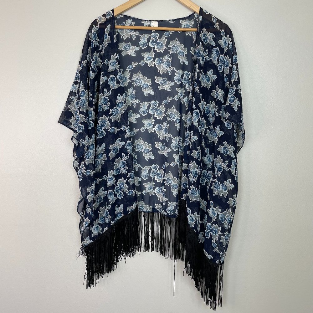 Do Everything in Love Kimono Blue Floral Sheer Fringe Wrap‎ Shawl Anthropologie